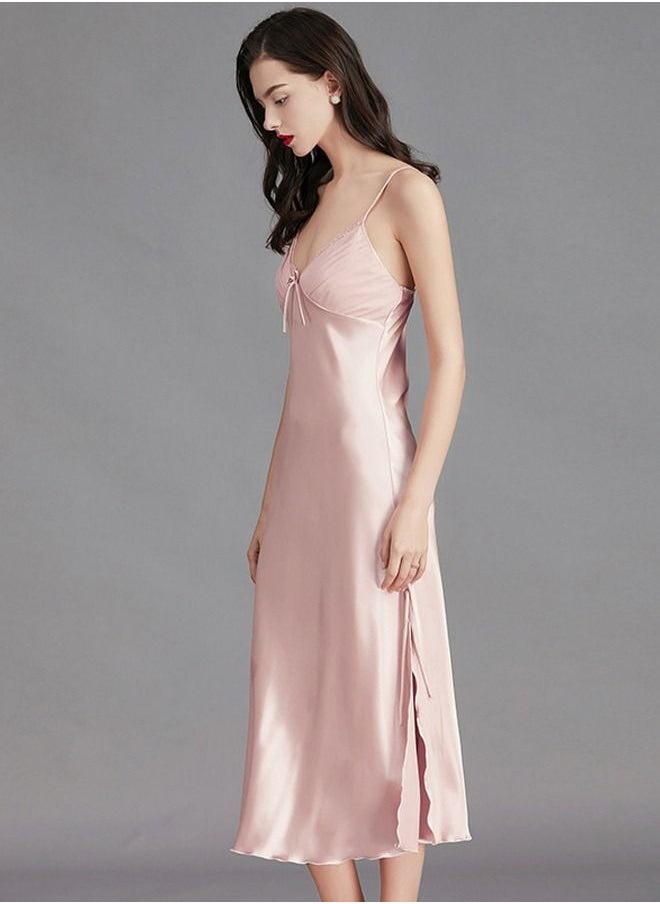 Loquat - Women's Solid Color Nightgown V-Neck Slip Dress Soft Lingerie Midi Sleepwear With Adjustable Strap Light Pink - Image 1