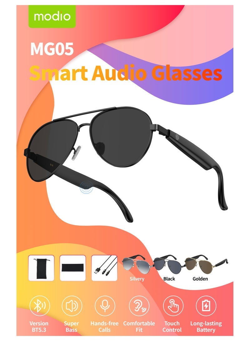 modio Modio MG05 Smart Audio Sunglasses with Built-in Bluetooth Speakers, UVB 400 Protection, Hands-Free Calling, Music Streaming, and Multi-Functional Touch Controls – Stylish Gold Frame for Outdoor & Everyday Use - Image 2