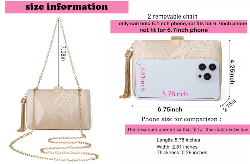 Wytidian Clutch Purses for Women Formal Evening Clutch Purse Shoulder Cross Body Bags for Wedding Party Handbag with Tassel (Champagne Gold) - Image 4