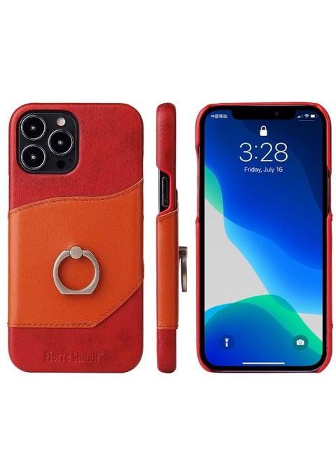 Case Cover For iPhone 13 Pro Max Fierre Shann Oil Wax Texture Genuine Leather Back Cover Case with 360 Degree Rotation Holder & Card Slot Red