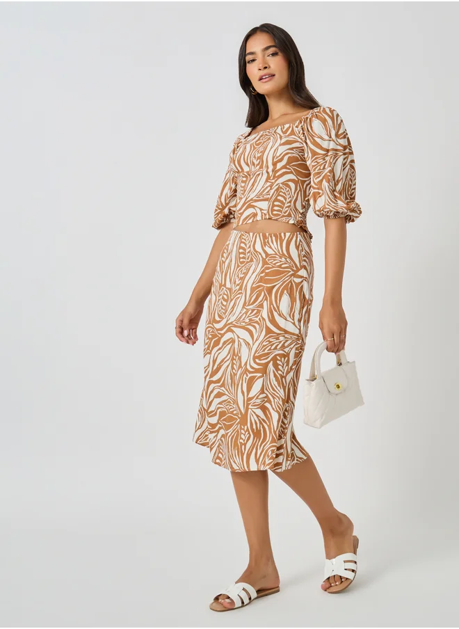 Styli All-Over Print Square Neck Cropped Top and Column Skirt Co-Ords