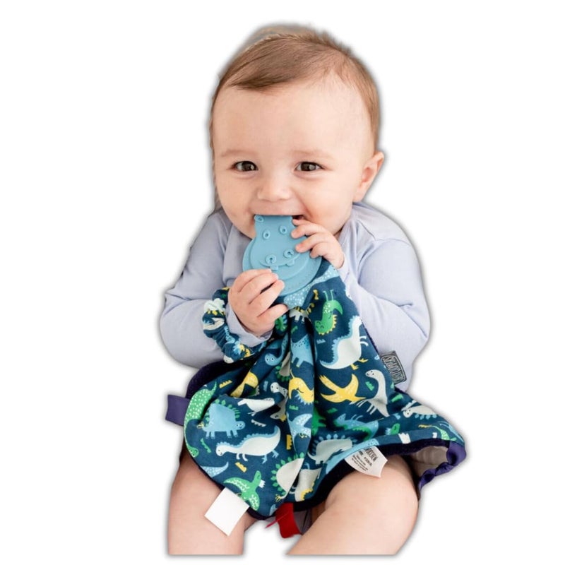 Cheeky Chompers Comfortchew  Baby Lovey with Silicone Teether  Sensory Tags  Soft Fleece Material Attachable Loop Machine Washable  Baby Dino - Image 1