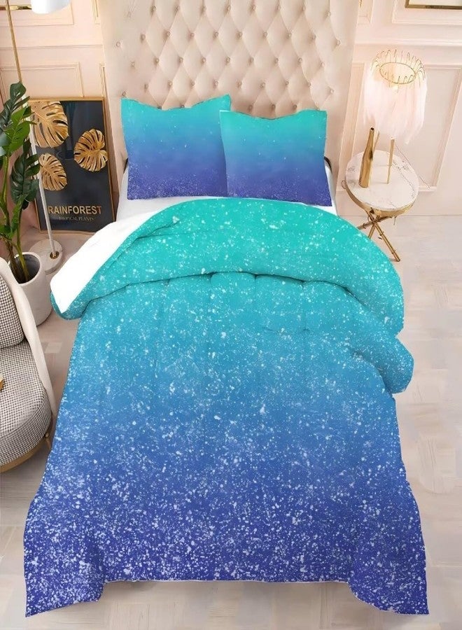 kxry Blue Galaxy Gradient Glitter Color Comforter Sets Twin Size Rainbow Tie Dye Ombre Glitter Bedding Sets Turquoise Glitter Color Bedding Quilt for Kids Teen Girls 1 Comforter+ 1 Pillowcase - Image 1