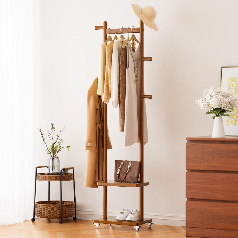 Taitiy Solid Wood Coat Rack Freestanding Clothing Rack with Wheels & 2 Shelves Storage & 5 Hooks Heavy Duty Clothes Rack Wood Coat Tree Stand Hat Hanger Rack for Corner Bedroom Entryway Living Room Hotel - Image 1