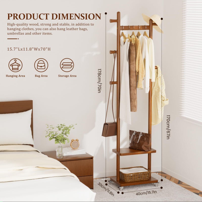 Taitiy Solid Wood Coat Rack Freestanding Clothing Rack with Wheels & 2 Shelves Storage & 5 Hooks Heavy Duty Clothes Rack Wood Coat Tree Stand Hat Hanger Rack for Corner Bedroom Entryway Living Room Hotel - Image 2