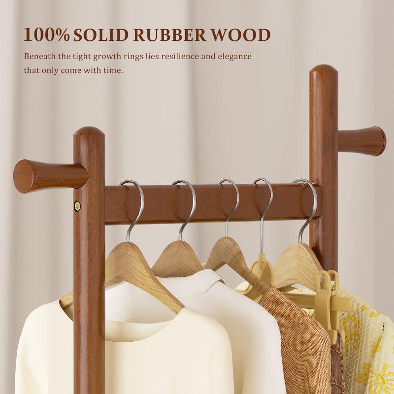 Taitiy Solid Wood Coat Rack Freestanding Clothing Rack with Wheels & 2 Shelves Storage & 5 Hooks Heavy Duty Clothes Rack Wood Coat Tree Stand Hat Hanger Rack for Corner Bedroom Entryway Living Room Hotel - Image 4