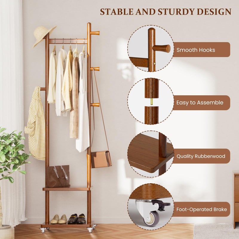 Taitiy Solid Wood Coat Rack Freestanding Clothing Rack with Wheels & 2 Shelves Storage & 5 Hooks Heavy Duty Clothes Rack Wood Coat Tree Stand Hat Hanger Rack for Corner Bedroom Entryway Living Room Hotel - Image 5
