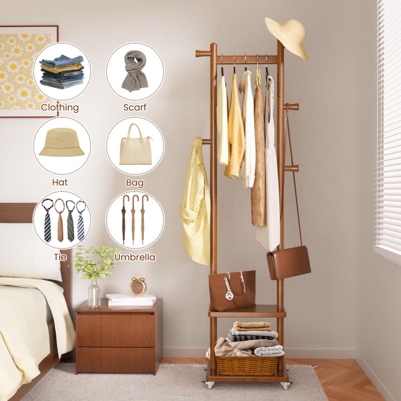 Taitiy Solid Wood Coat Rack Freestanding Clothing Rack with Wheels & 2 Shelves Storage & 5 Hooks Heavy Duty Clothes Rack Wood Coat Tree Stand Hat Hanger Rack for Corner Bedroom Entryway Living Room Hotel - Image 3
