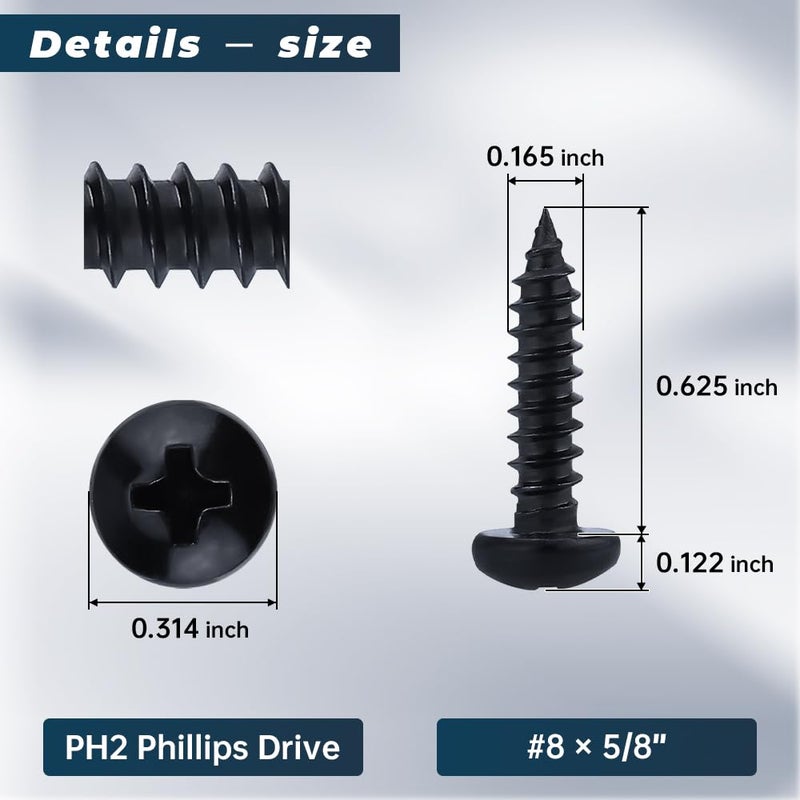 Glvaner #8 x 5/8 inch Phillips Pan Head Self Tapping Screws for Wood, Black Coated, 304 Stainless Steel 18-8, Round Head Sheet Metal Tek Screws, 50 pcs - Image 3