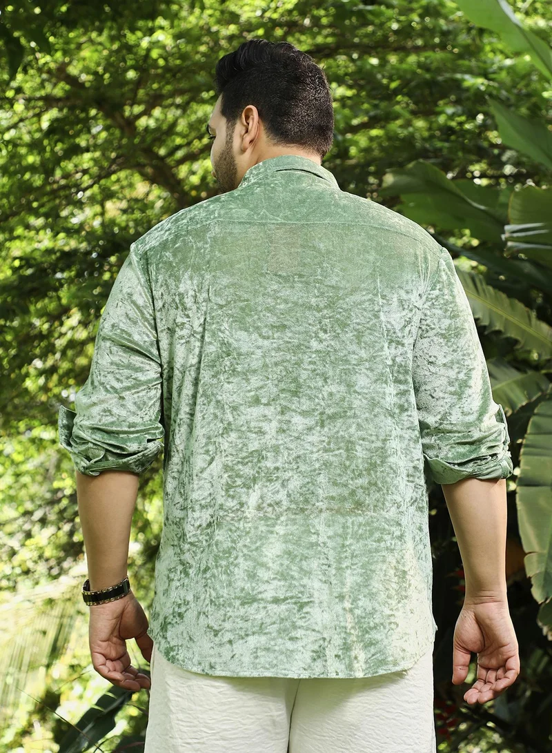 Instafab Plus  Instafab Plus Men's Sage Green Solid Velvet Shirt For Casual Wear | Spread Collar | Long Cuffed Sleeves | Button Closure | Plus Size Shirt Crafted With Comfort Fit For Everyday Wear for Men | Best Price UAE