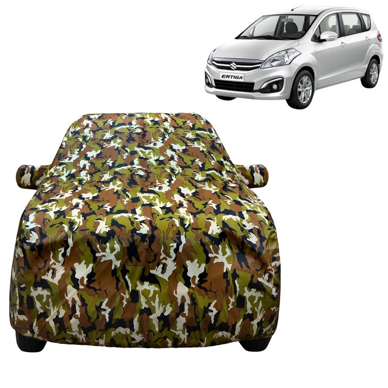 VYAS 100% Waterproof Car Body Cover for Maruti Suzuki Old Ertiga (2012-2017) with Mirror Pocket Triple Stitched Belt & Buckle Fitting Dual Elastic, Durable Material Jungle Print Camouflage Design - Image 1