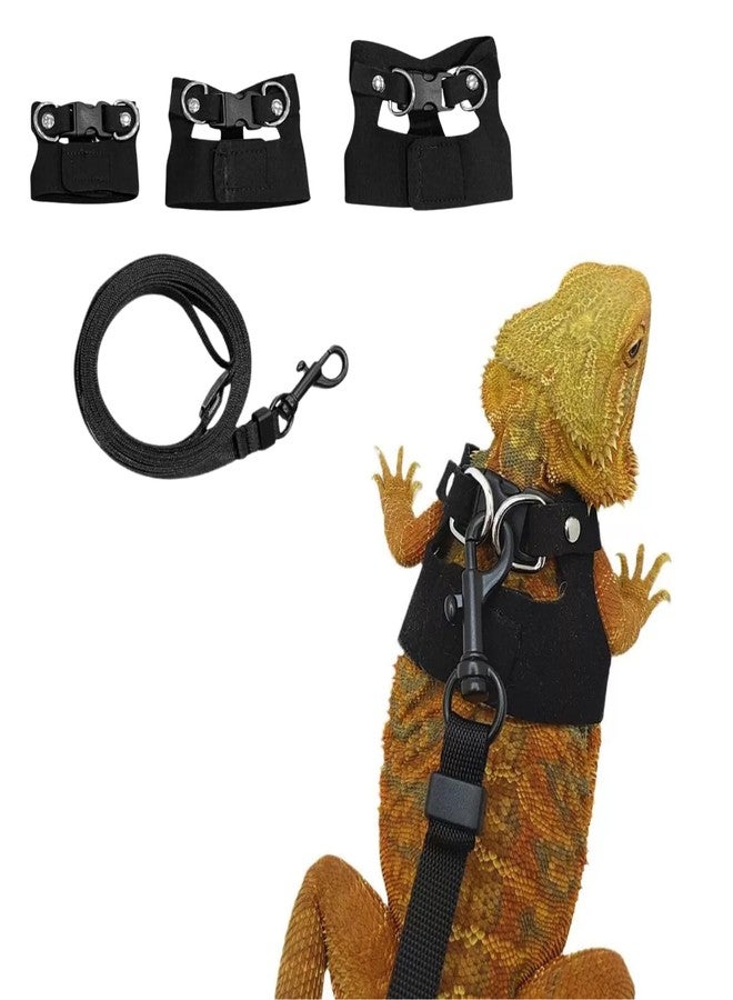 TTMIMIK Bearded Dragon Harness and Leash Set, Adjustable Harness Soft Leather-3 Sizes (S, M, L) with Leash, Lizard Reptile Traction Rope Walking Vest Accessories for Bearded Dragon, Iguana or Gecko (Black) - Image 1