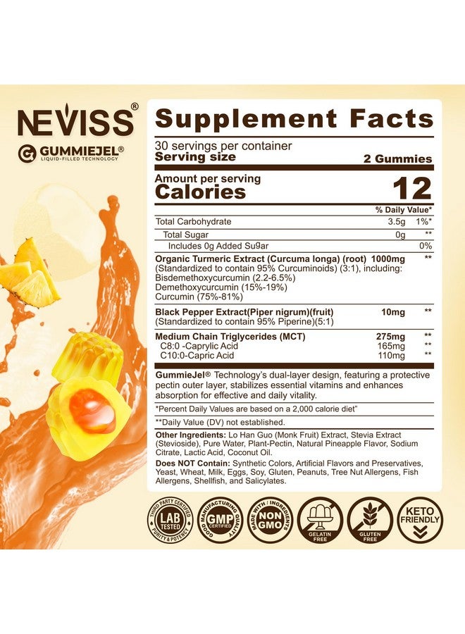 NEVISS Turmeric Gummies 1000mg (Made in USA) w/MCT Oil C8 C10, Organic Antioxidant, Turmeric Curcumin Supplement with Black Pepper Extract, Support Comfort, Boost Energy, Ultra Absorption, Sugar Free, 60 Cts - Image 2