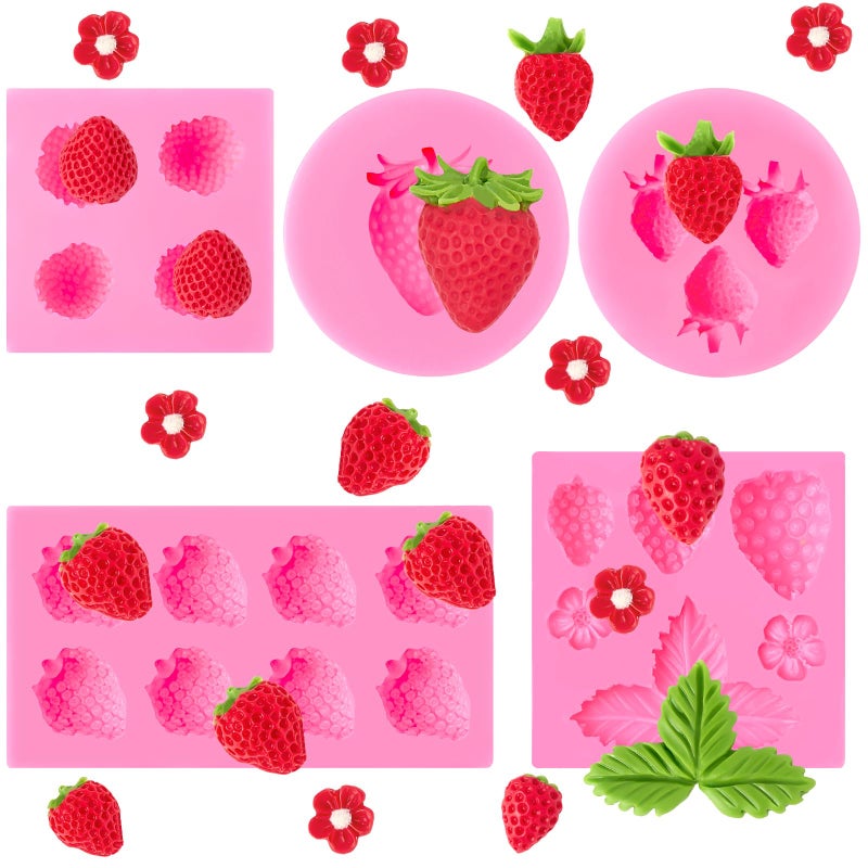 CLUEWR 5 PCS Silicone Strawberry Molds, 3D Strawberry Fondant Molds for Chocolate, Candy, Cake Decoration, Cupcake Topper - Image 1