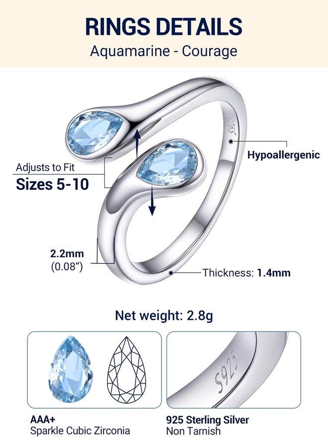 PROSILVER S925 Sterling Silver Rings for Women Dainty Birthstone Statement Ring, Dual Pear-Shaped Gemstones, Open Aquamarine Rings, March Birthstone Rins - Image 4