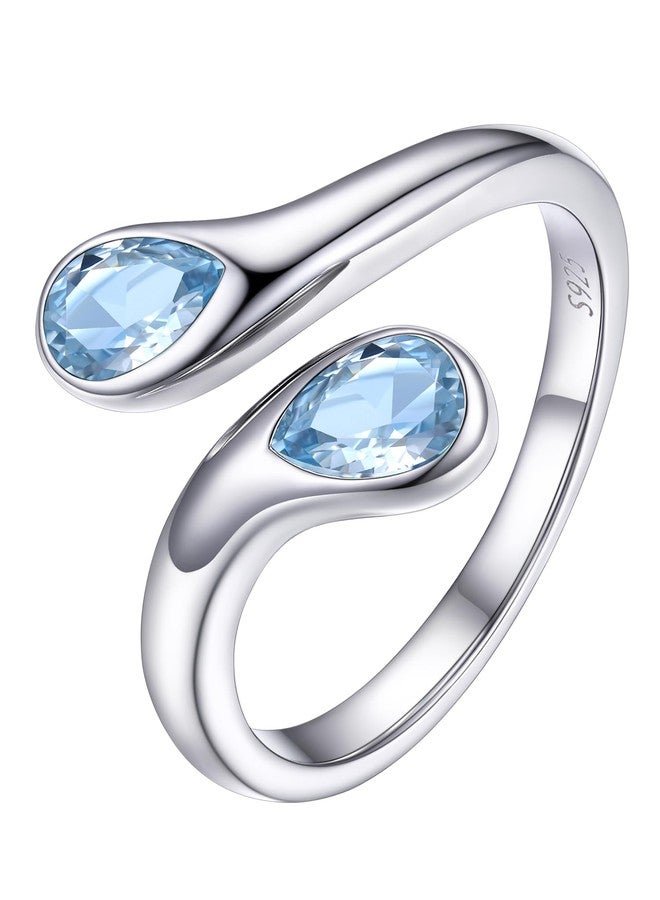 PROSILVER S925 Sterling Silver Rings for Women Dainty Birthstone Statement Ring, Dual Pear-Shaped Gemstones, Open Aquamarine Rings, March Birthstone Rins - Image 1