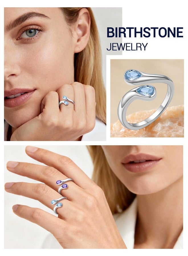 PROSILVER S925 Sterling Silver Rings for Women Dainty Birthstone Statement Ring, Dual Pear-Shaped Gemstones, Open Aquamarine Rings, March Birthstone Rins - Image 3