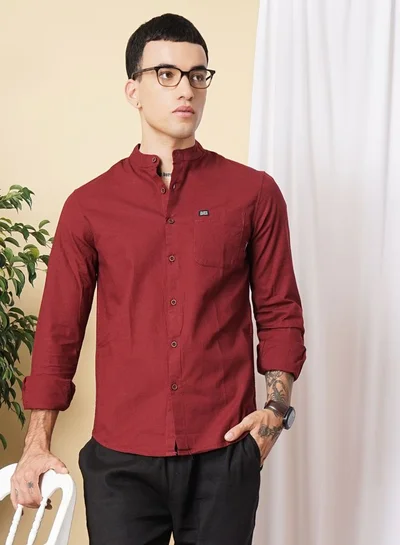 The Indian Garage Co Men Slim Fit Solid Full Sleeves Mandarin Collar Casual Shirt