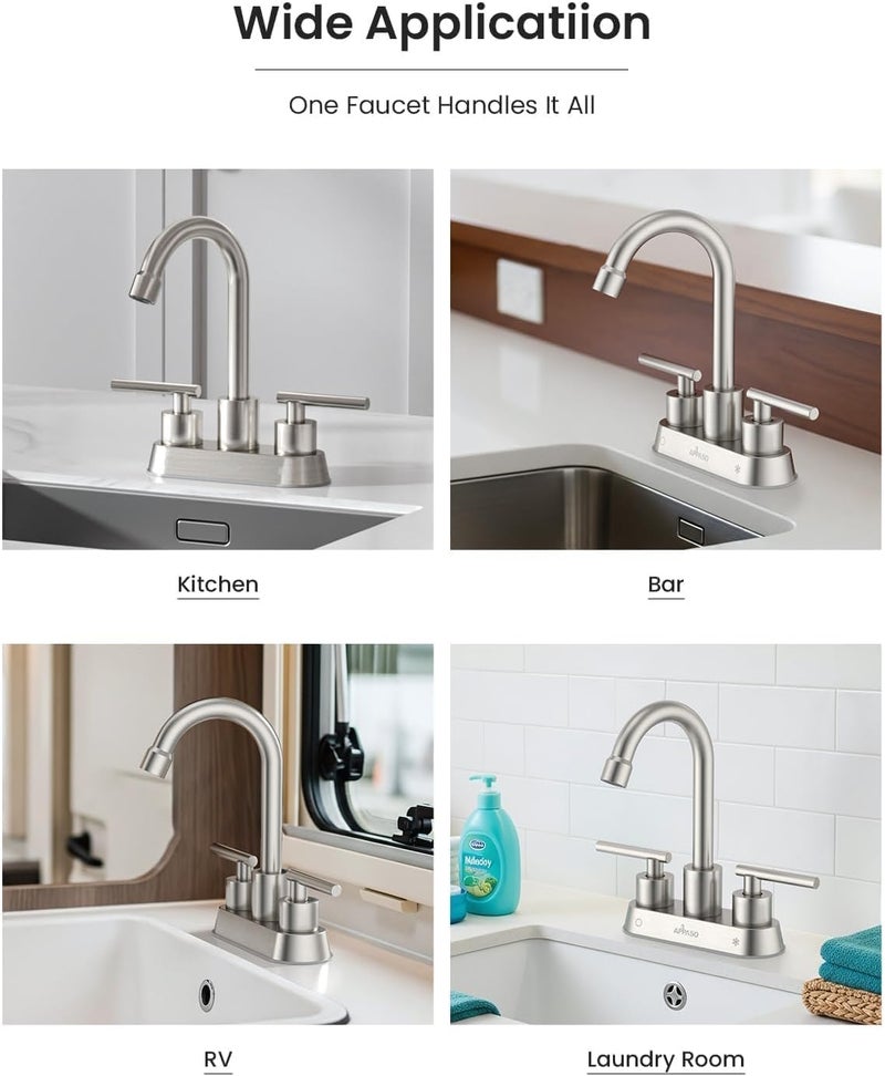 APPASO Bar Sink Faucet 4 Inch Centerset, 2 Hole Brushed Nickel with Dual Handles, 2 Handle Small Sink Faucet Stainless Steel for Wet Bar Bathroom Utility Laundry Room - Image 2
