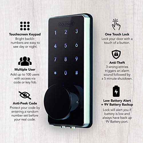 COLOSUS NDL626 Keyless Entry Deadbolt Smart Door Lock with Auto-Lock, Anti-Theft, Touchscreen Keypad– Up to 100 Users – Multiple Codes, 4 Key Fobs, 2 Keys - Image 4