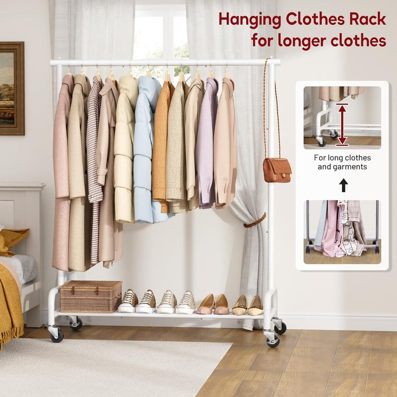 Sleeping Lamb Heavy Duty Clothes Racks for Hanging Clothing Rack, 43" Wide Rolling Garment Rack Metal Wardrobe Rack with Wheels Closet Hanger Rack for Coats, Shirts, Dress, (White) - Image 3