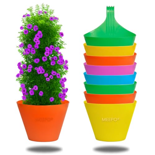 Meepo Hanging Pots for Home & Balcony Garden | Plastic Single Hook Hanging/Railing Pot Planter Flower Pots, Multicolour Set (6, 7 Inch) - Image 1