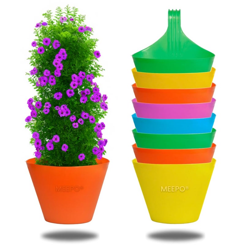 Meepo Hanging Pots for Home & Balcony Garden | Plastic Single Hook Hanging/Railing Pot Planter Flower Pots, Multicolour Set (6, 7 Inch) - Image 3
