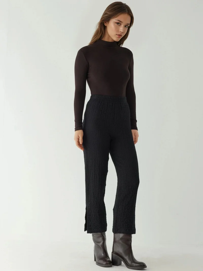 Hiccup Black Premium High Waist Textured Straight Leg Pants for Women | Best Price UAE