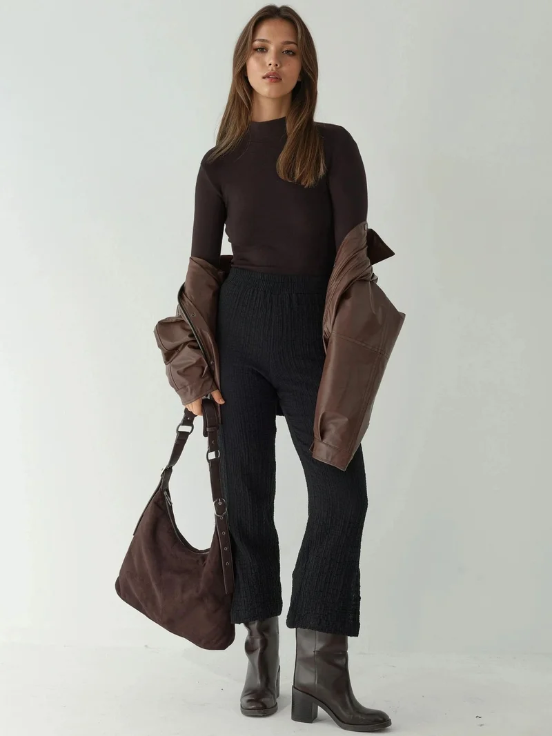 Hiccup Black Premium High Waist Textured Straight Leg Pants for Women | Best Price UAE