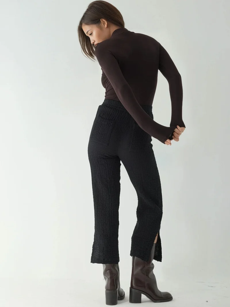 Hiccup Black Premium High Waist Textured Straight Leg Pants for Women | Best Price UAE
