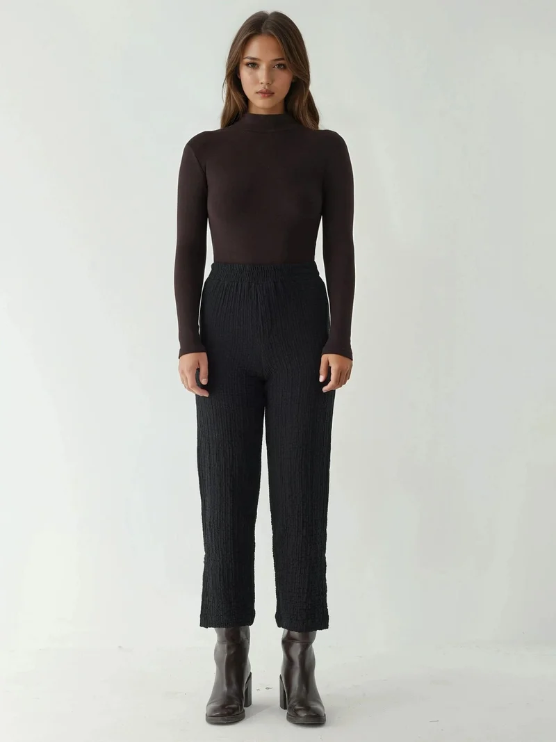 Hiccup Black Premium High Waist Textured Straight Leg Pants for Women | Best Price UAE