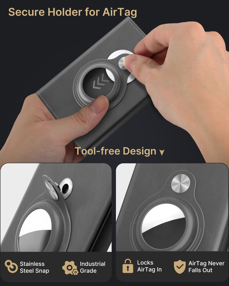 typecase Mens Wallet Card Holder for AirTag: Leather Smart Wallet for Men Compatible with Apple Air Tag, RFID Blocking, Slim, Minimalist - 14 Card Capacity | ID Window | Cash Slot (Grey) - Image 3