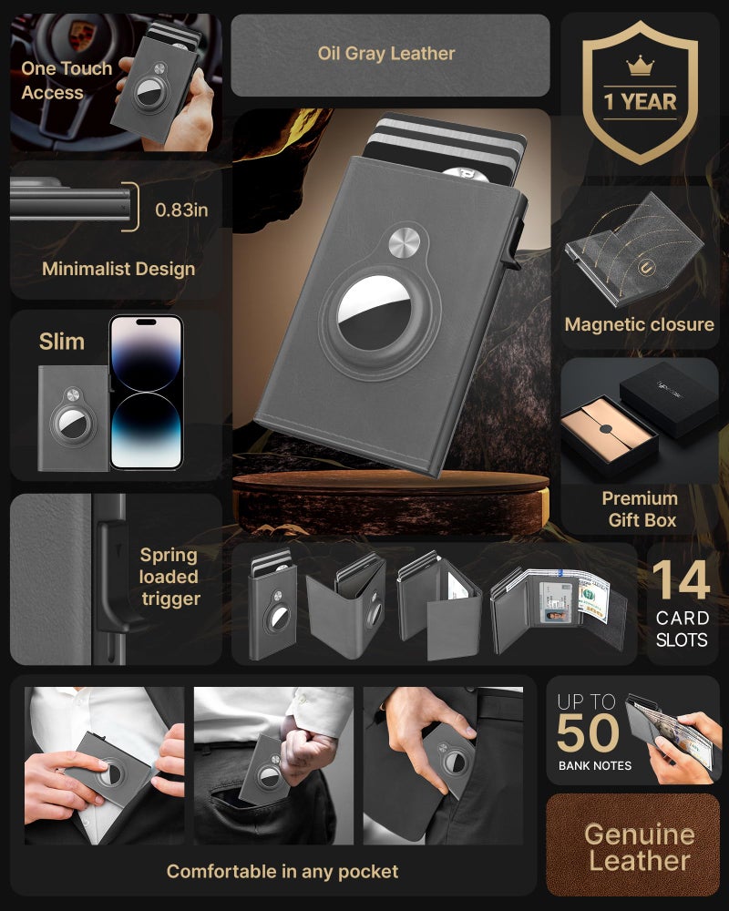 typecase Mens Wallet Card Holder for AirTag: Leather Smart Wallet for Men Compatible with Apple Air Tag, RFID Blocking, Slim, Minimalist - 14 Card Capacity | ID Window | Cash Slot (Grey) - Image 2