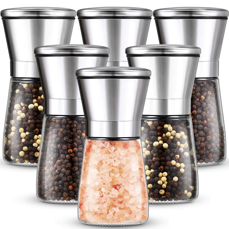 Set of 6 Salt and Pepper Grinder Stainless Steel Sea Salt Grinder Ceramic Salt and Pepper Shaker with Adjustable Coarseness Refillable Pepper Grinder Mill Glass Pepper Mill 63 oz Salt Mill Spice Mill