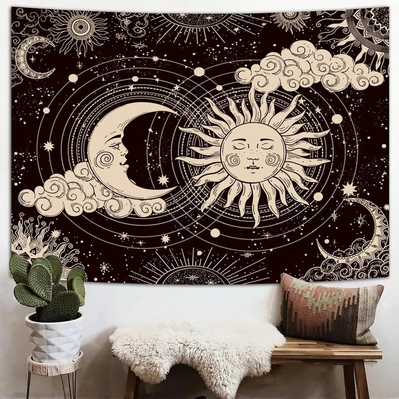Wonrizon Sun and Moon Tapestry, Aesthetic Black Dark Spiritual Tapestries Mystic Burning Sun with Clouds Star Wall Hanging decor for Bedroom (51.2" x 59.1") - Image 2