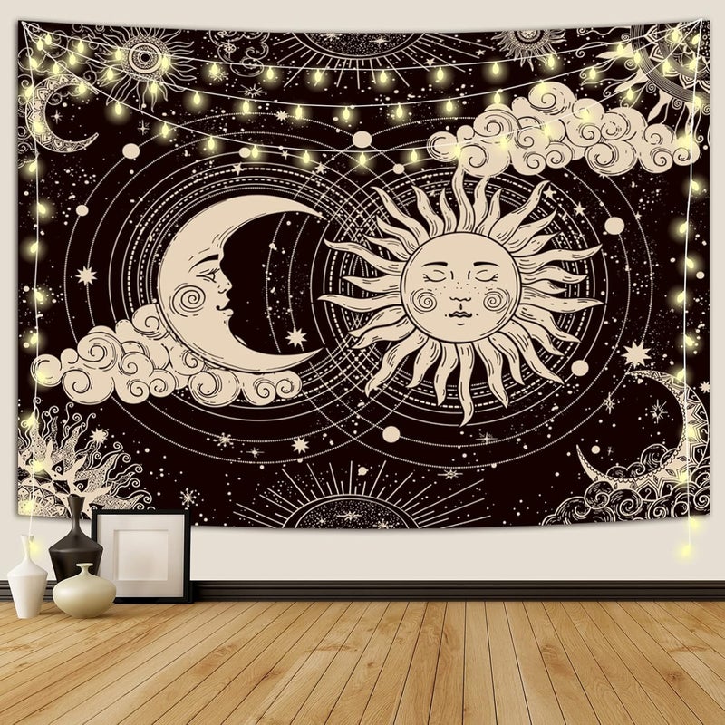 Wonrizon Sun and Moon Tapestry, Aesthetic Black Dark Spiritual Tapestries Mystic Burning Sun with Clouds Star Wall Hanging decor for Bedroom (51.2" x 59.1") - Image 1