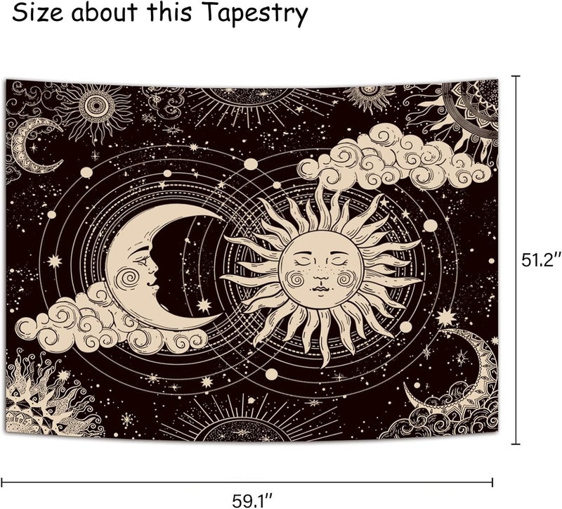 Wonrizon Sun and Moon Tapestry, Aesthetic Black Dark Spiritual Tapestries Mystic Burning Sun with Clouds Star Wall Hanging decor for Bedroom (51.2" x 59.1") - Image 3