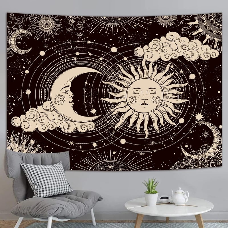 Wonrizon Sun and Moon Tapestry, Aesthetic Black Dark Spiritual Tapestries Mystic Burning Sun with Clouds Star Wall Hanging decor for Bedroom (51.2" x 59.1") - Image 5