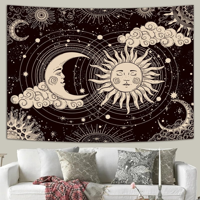 Wonrizon Sun and Moon Tapestry, Aesthetic Black Dark Spiritual Tapestries Mystic Burning Sun with Clouds Star Wall Hanging decor for Bedroom (51.2" x 59.1") - Image 4