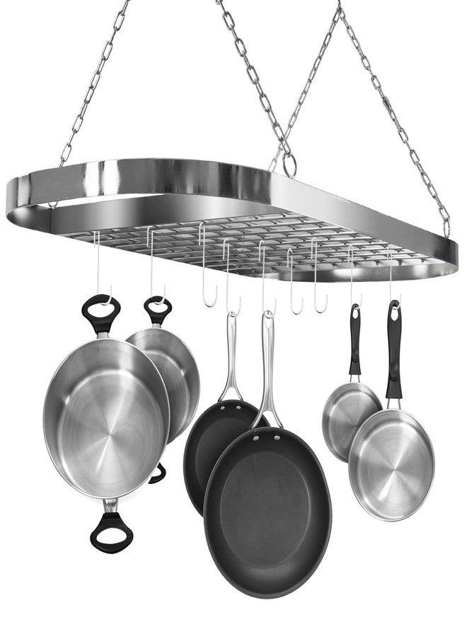VBM Ceiling Mounted Pot & Pan Rack with Shelf, Oval Chrome Hanging Storage Organizer with 10 Hooks, Metal Cookware Utensil Holder for Kitchen, Pantry, Apartment, Space-Saving Heavy-Duty Design - Image 1