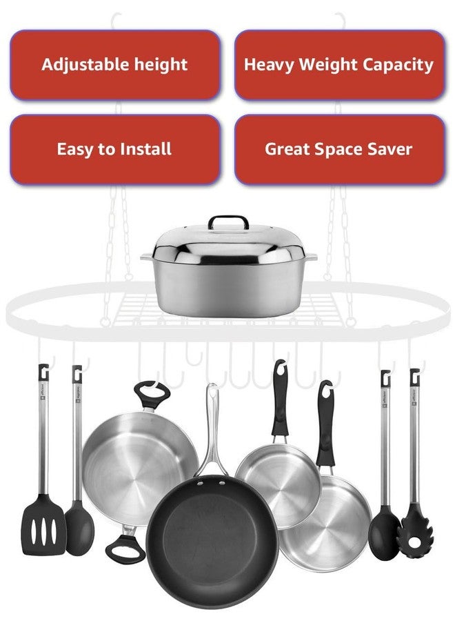 VBM Ceiling Mounted Pot & Pan Rack with Shelf, Oval Chrome Hanging Storage Organizer with 10 Hooks, Metal Cookware Utensil Holder for Kitchen, Pantry, Apartment, Space-Saving Heavy-Duty Design - Image 4