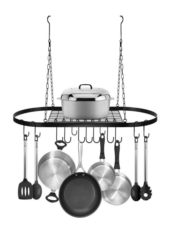 VBM Ceiling Mounted Pot & Pan Rack with Shelf, Oval Chrome Hanging Storage Organizer with 10 Hooks, Metal Cookware Utensil Holder for Kitchen, Pantry, Apartment, Space-Saving Heavy-Duty Design - Image 2