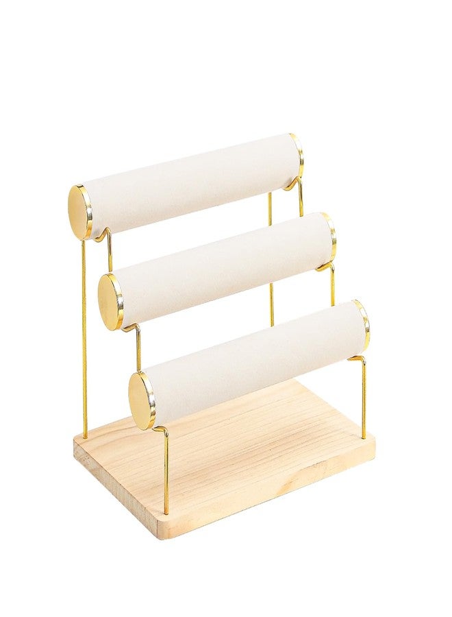 Pengup Bracelet Holder, Bracelet Displays for Vendors, 3 Tier Jewelry Organizer Stand for Selling, Jewelry Necklaces Storage Rack with Wood Base (Beige+Gold) - Image 1