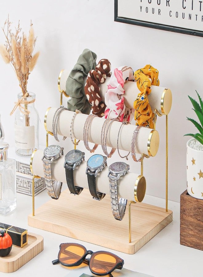 Pengup Bracelet Holder, Bracelet Displays for Vendors, 3 Tier Jewelry Organizer Stand for Selling, Jewelry Necklaces Storage Rack with Wood Base (Beige+Gold) - Image 3
