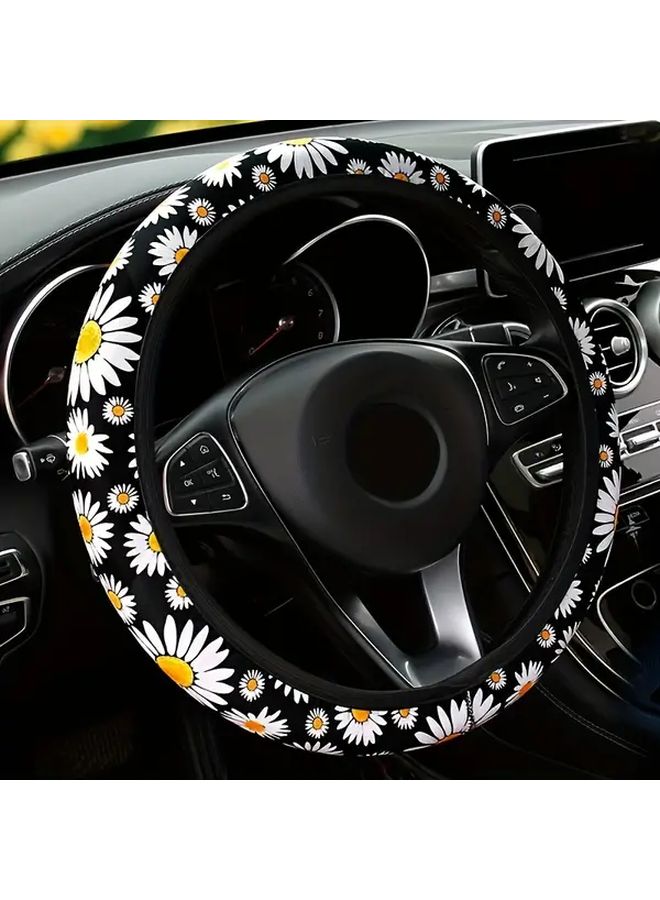 Black Daisy Pattern Steering Wheel Cover Universal Fit 14 57in To 15 35in Comfort Grip - Image 1