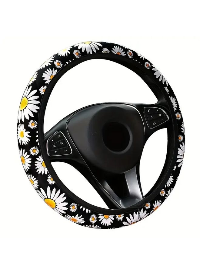 Black Daisy Pattern Steering Wheel Cover Universal Fit 14 57in To 15 35in Comfort Grip - Image 3