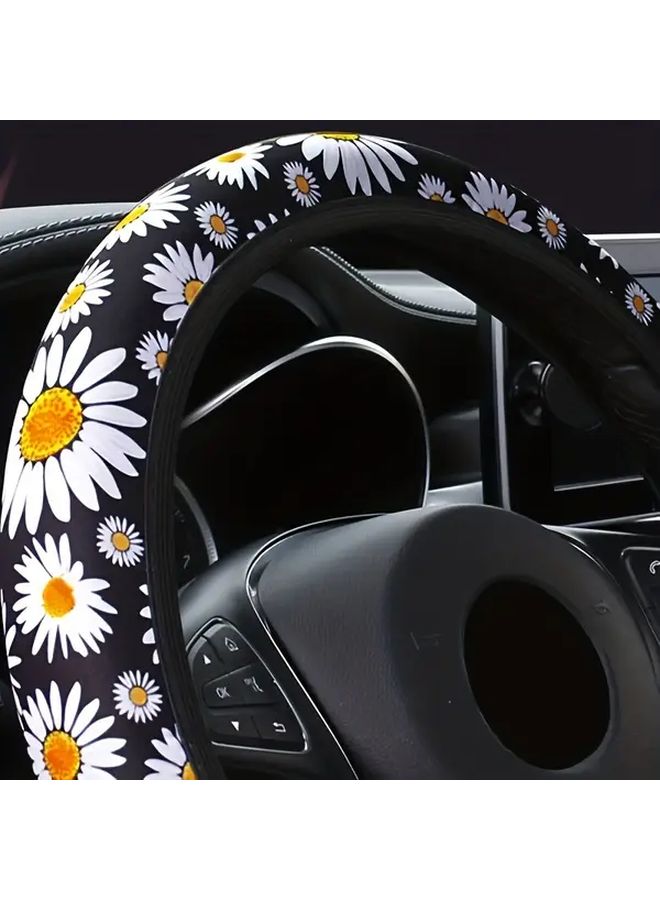 Black Daisy Pattern Steering Wheel Cover Universal Fit 14 57in To 15 35in Comfort Grip - Image 5
