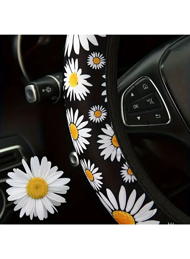 Black Daisy Pattern Steering Wheel Cover Universal Fit 14 57in To 15 35in Comfort Grip - Image 4