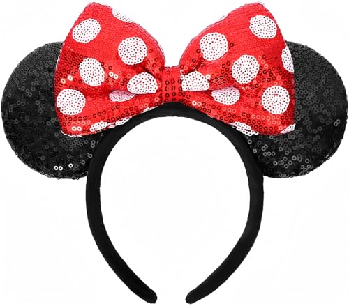 ETLUK Mouse Ears Headband, Mouse Ears Sequin Bow Headbands for Women Girls, Cosplay Accessories Party Decorations (Red) - Image 1