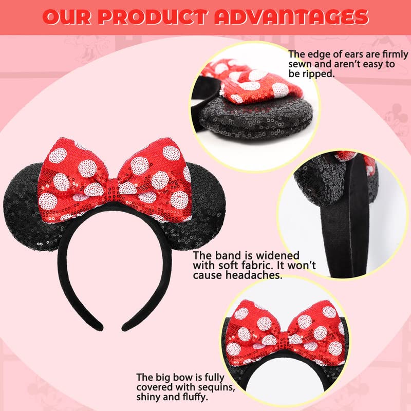 ETLUK Mouse Ears Headband, Mouse Ears Sequin Bow Headbands for Women Girls, Cosplay Accessories Party Decorations (Red) - Image 5
